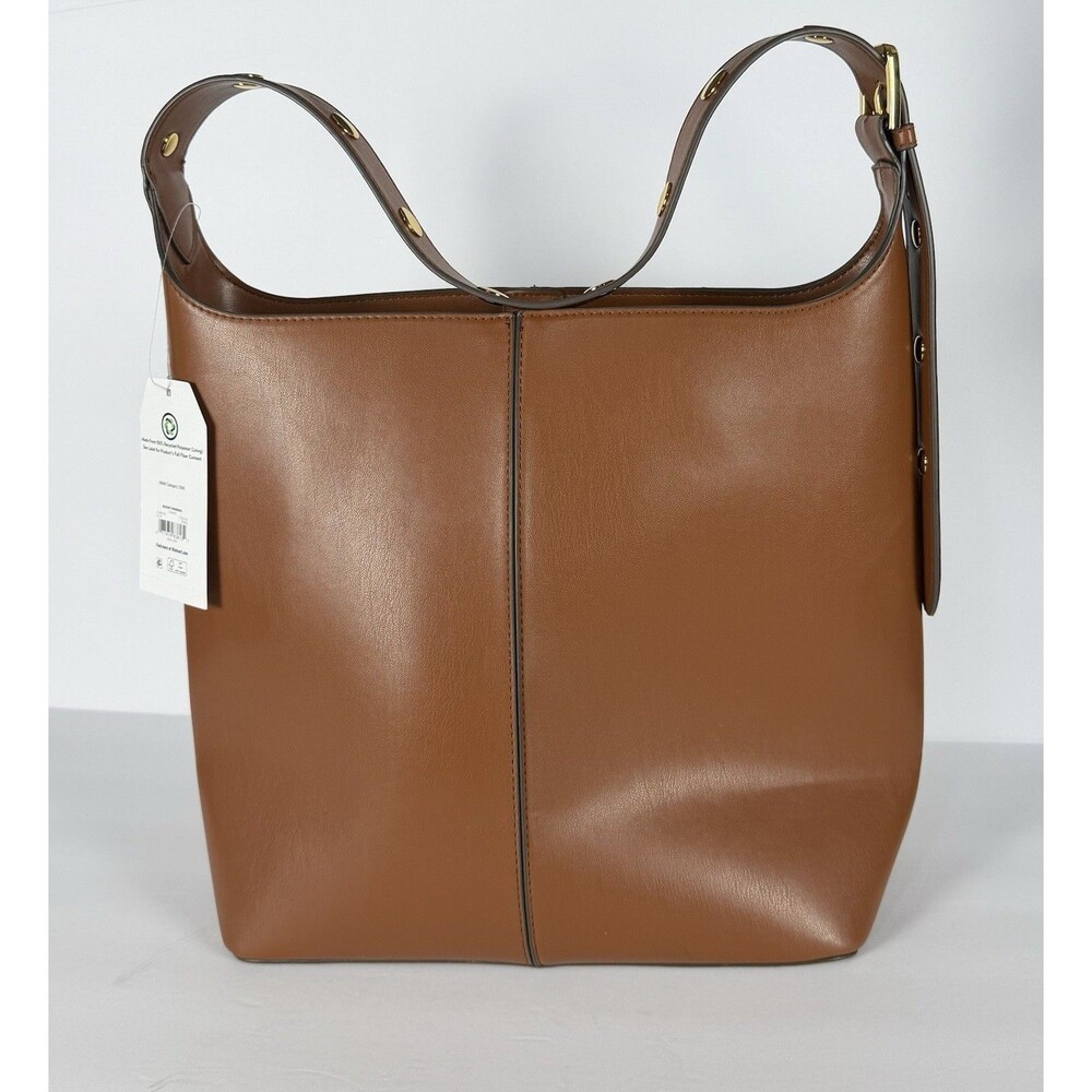 Time and Tru Shively Bucket Handbag Cognac Brown Faux Leather Gold Studs